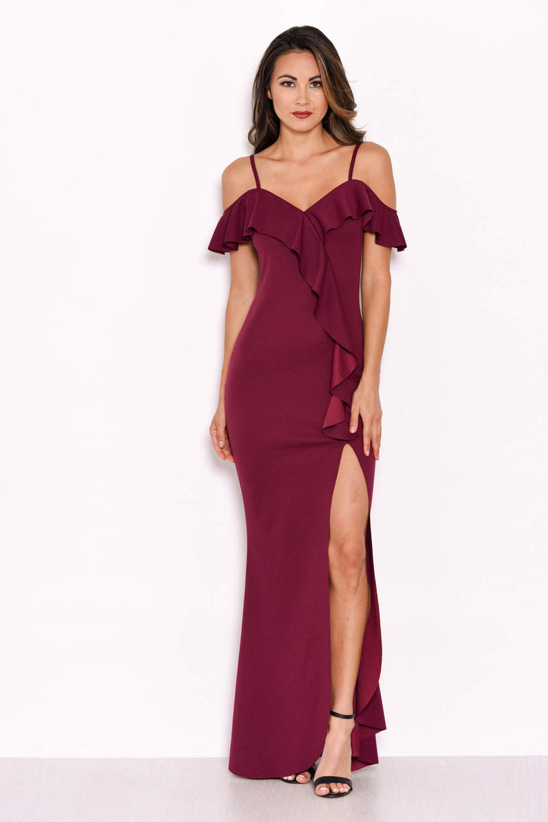 Plum Cold Shoulder Frill Detail Split Dress