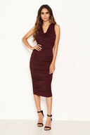 Plum Cowl Neck Ruched Side Bodycon Midi Dress