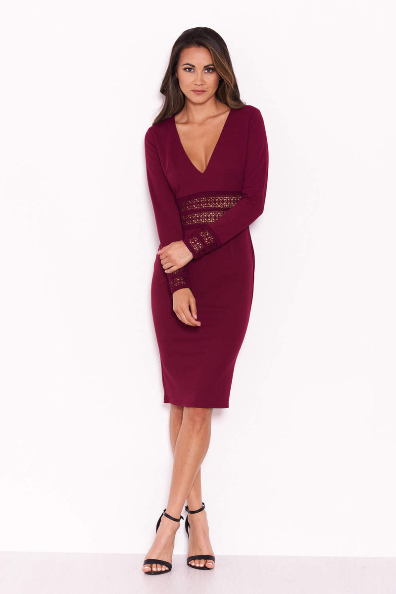 Plum Crochet Detail Bodycon Midi Dress