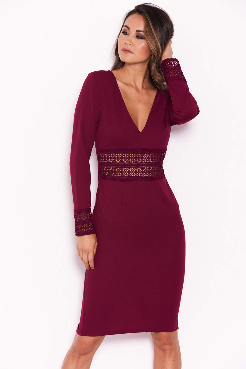 Plum Crochet Detail Bodycon Midi Dress