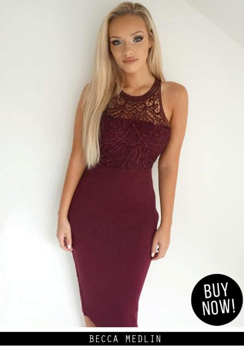 Plum Crochet High Neck Midi Dress