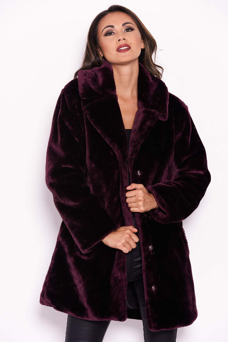 Plum Faux Fur Coat With Collar