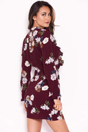 Plum Floral Dress With Frill Detail