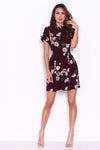 Plum Floral Frill Sleeve High Neck Dress