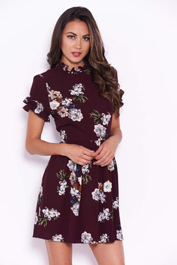 Plum Floral Frill Sleeve High Neck Dress