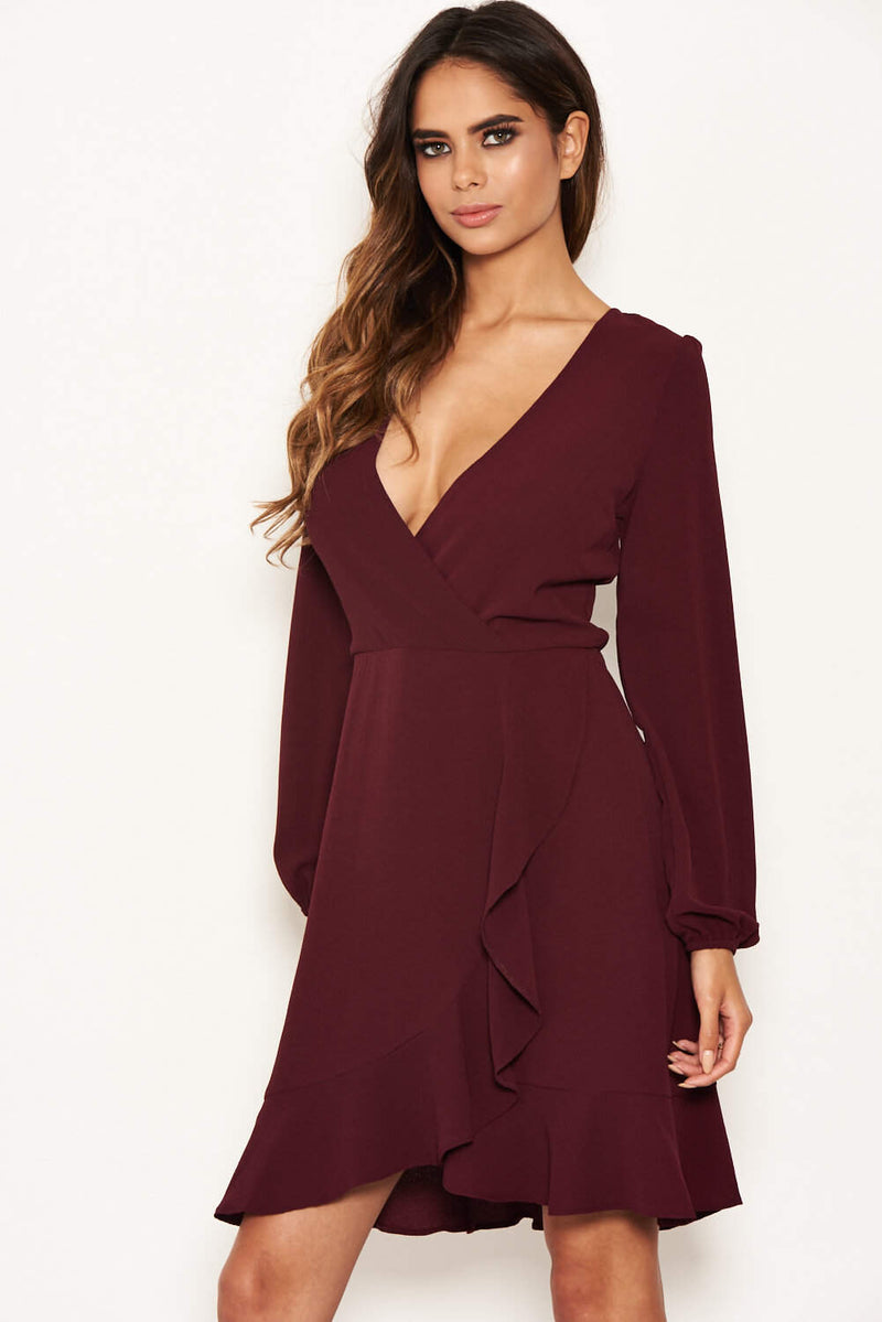 Long sleeve frill wrap dress clearance