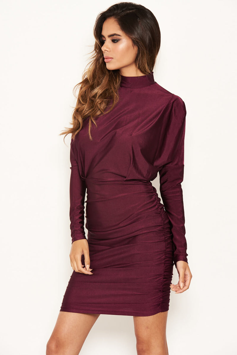 Plum High Neck Long Sleeve Ruched Dress