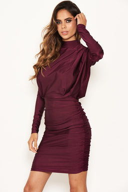 Plum High Neck Long Sleeve Ruched Dress