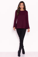 Plum Knitted Top With Frill Detailed Sleeves