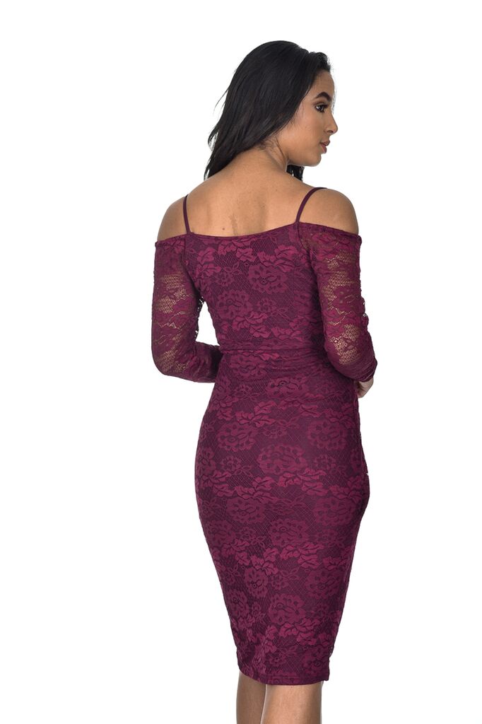 Plum Lace Long Sleeved Midi Dress