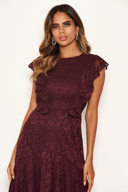 Plum Lace Tie Front Frill Dress