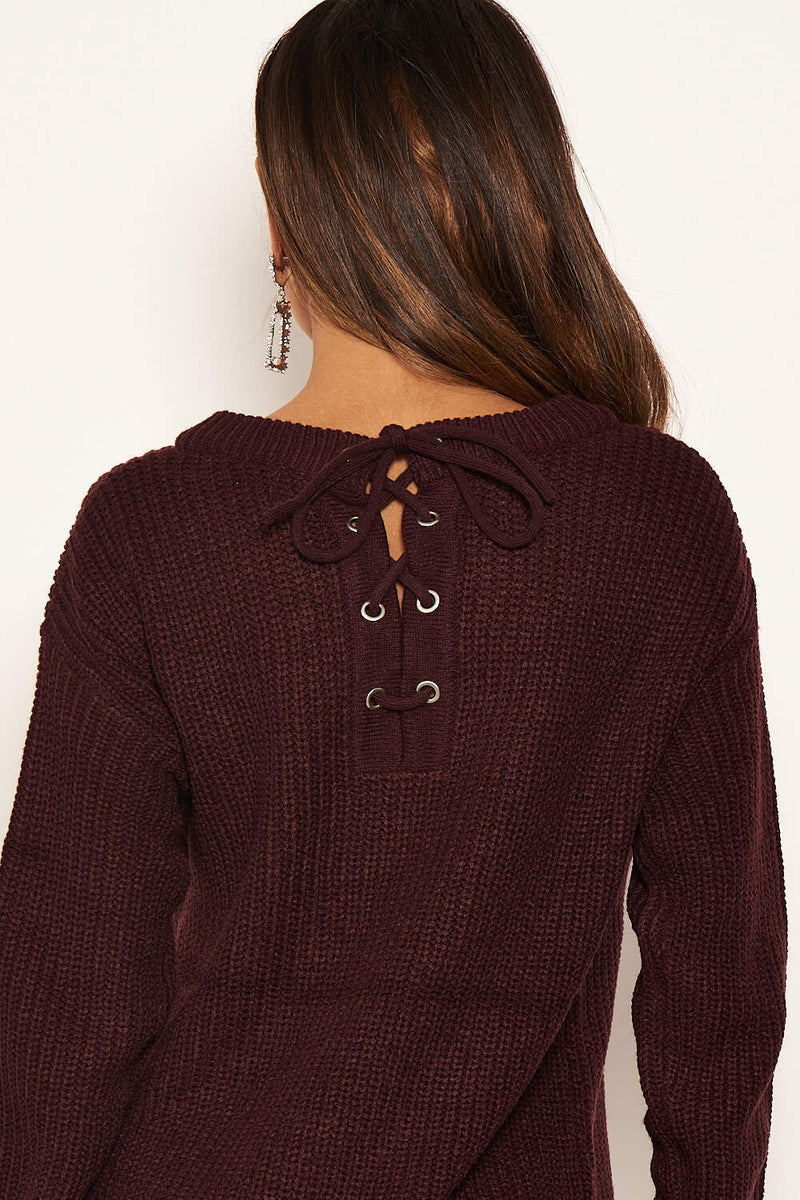 Plum Lace Up Back Jumper Dress