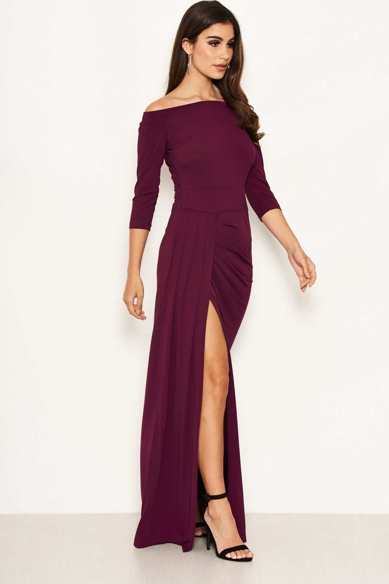 Plum Off The Shoulder Slit Maxi Dress