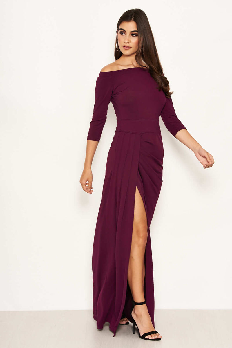 Plum Off The Shoulder Slit Maxi Dress