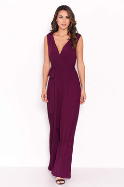 Plum Pleated Tie-Waist Jumpsuit