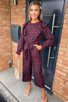 Plum Printed Frill Panel Long Sleeve Jumpsuit