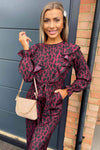 Plum Printed Frill Panel Long Sleeve Jumpsuit