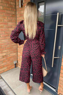 Plum Printed Frill Panel Long Sleeve Jumpsuit