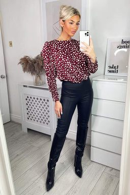 Plum Printed Long Gathered Sleeve Blouse