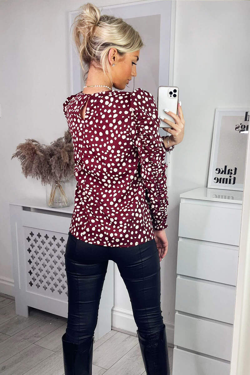 Plum Printed Long Gathered Sleeve Blouse