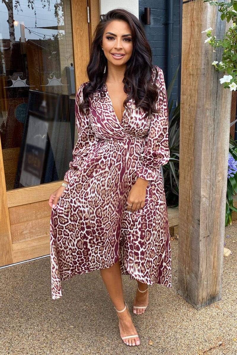 Plum Printed Wrap Midi Dress