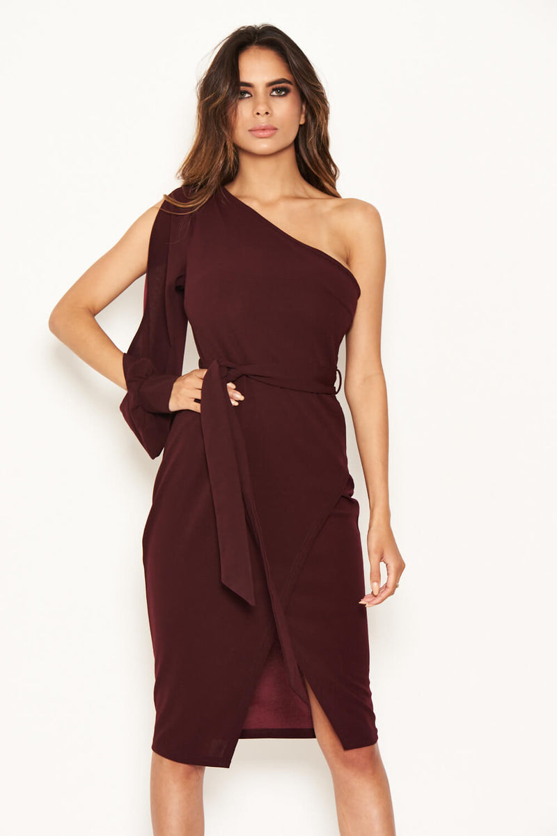 Plum Split Sleeve One Shoulder Bodycon Midi Dress