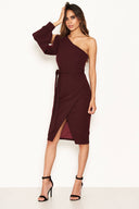 Plum Split Sleeve One Shoulder Bodycon Midi Dress