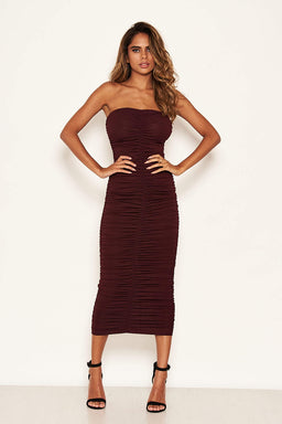 Plum Strapless Ruched Bodycon Midi Dress