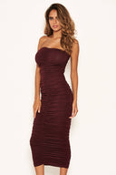 Plum Strapless Ruched Bodycon Midi Dress