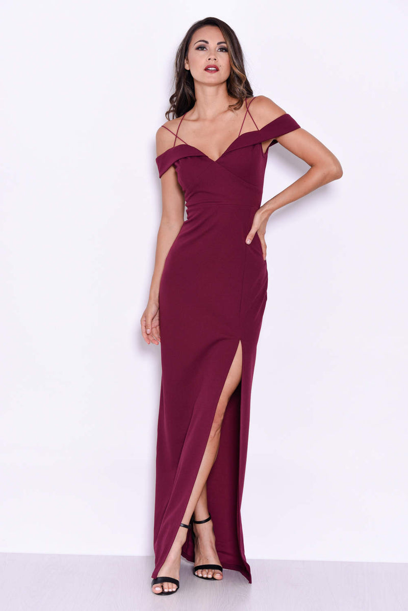 Plum Strappy Off The Shoulder Side Split Maxi Dress – AX Paris