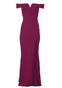 Plum V Front Bardot Side Split Maxi Dress