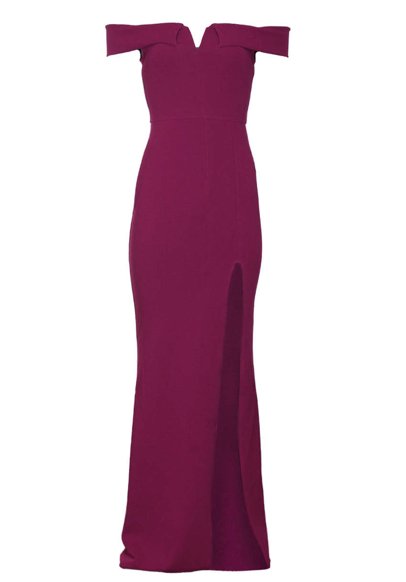 Plum V Front Bardot Side Split Maxi Dress