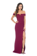 Plum V Front Bardot Side Split Maxi Dress