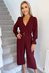 Wine Wrap Over Elasticated Cuff Belted Jumpsuit