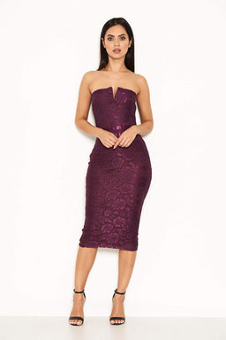 Plum Lace Notch Front Midi Dress