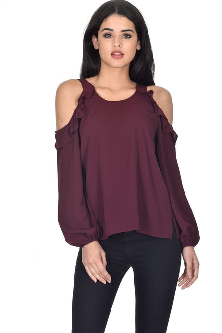 Plum Long Sleeve Frill Cold Shoulder Top
