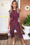 Plum Polka Dot Frill Front Jumpsuit