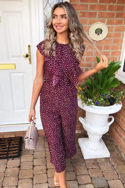 Plum Polka Dot Frill Front Jumpsuit