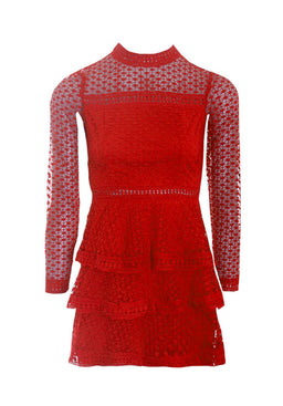 Red Crochet Long Sleeved Dress