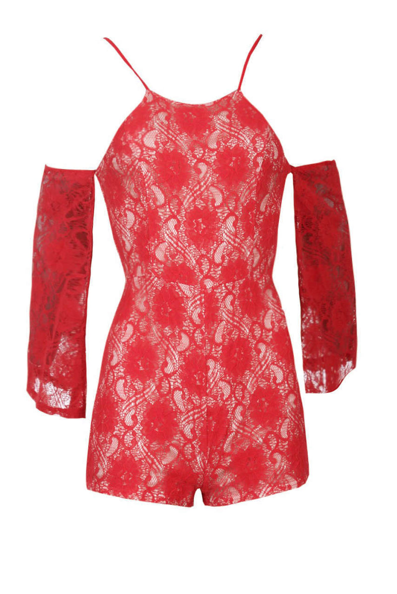 Red Cut Out Shoulder Lace Contrast Playsuit