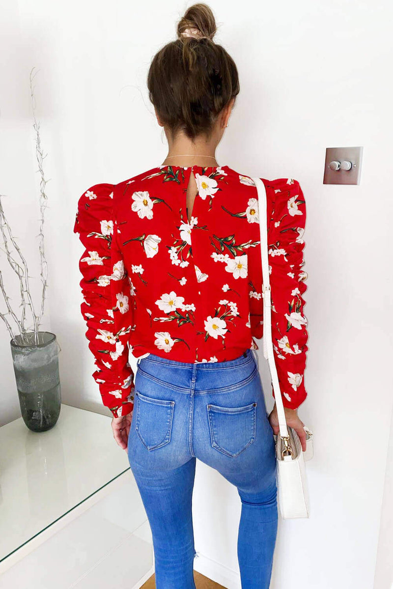 Red Floral Ruched Sleeve Top