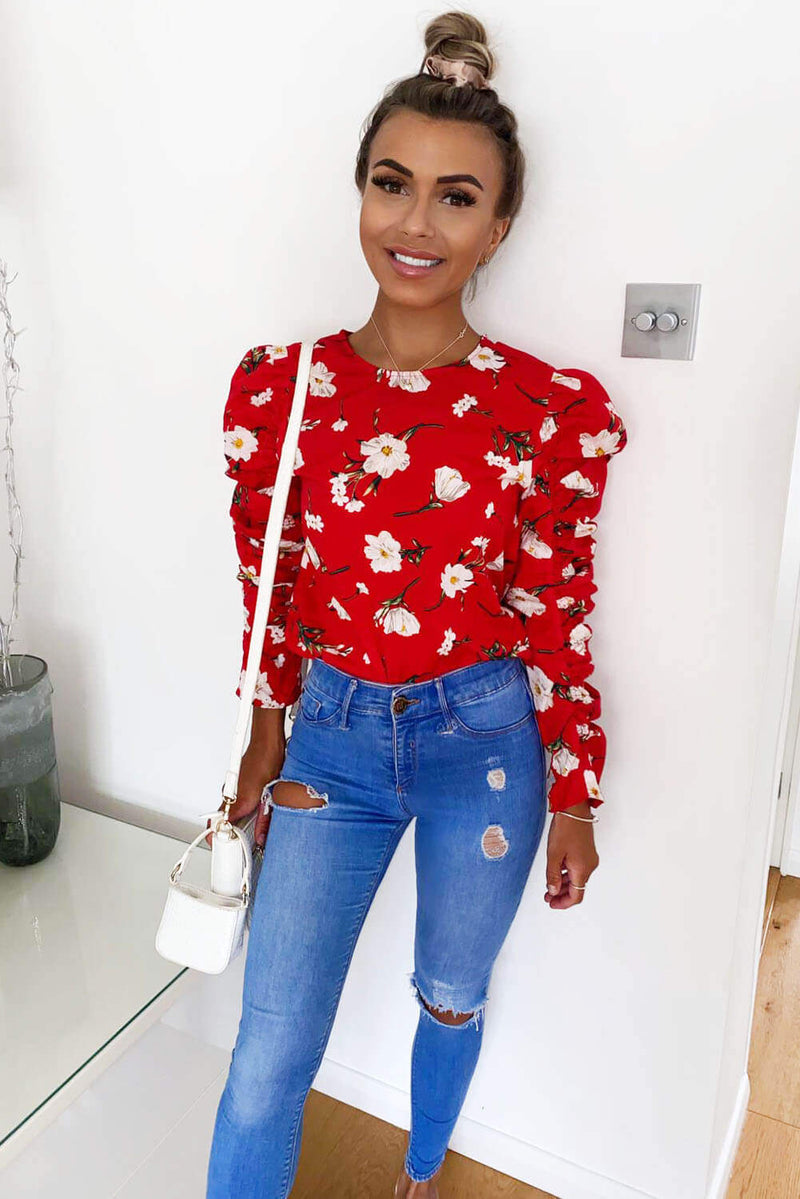 Red Floral Ruched Sleeve Top
