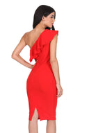 Red Asymmetric Frill Midi Dress