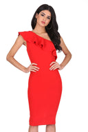 Red Asymmetric Frill Midi Dress