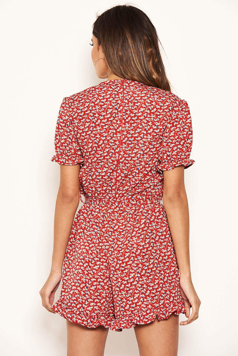 Red Floral Print Wrap V Neck Frilled Play Suit With Side Tie