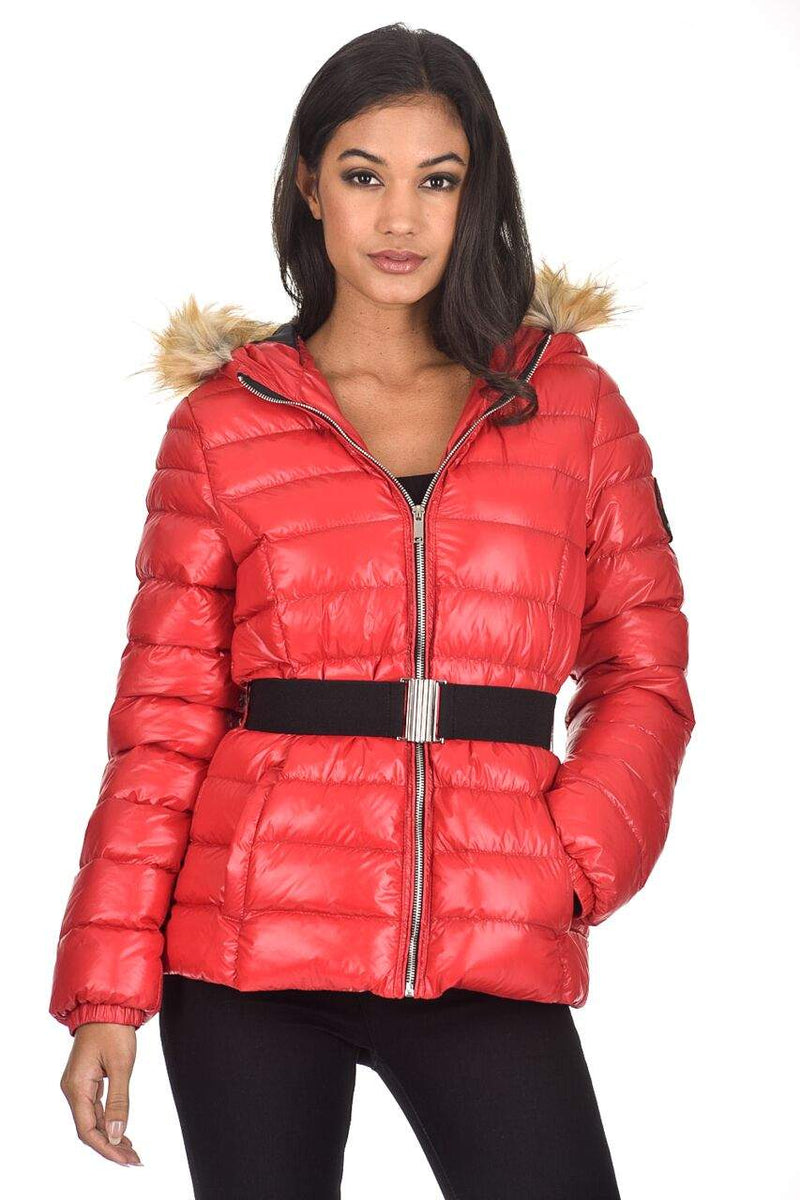 Red Wet Look Puffer Coat