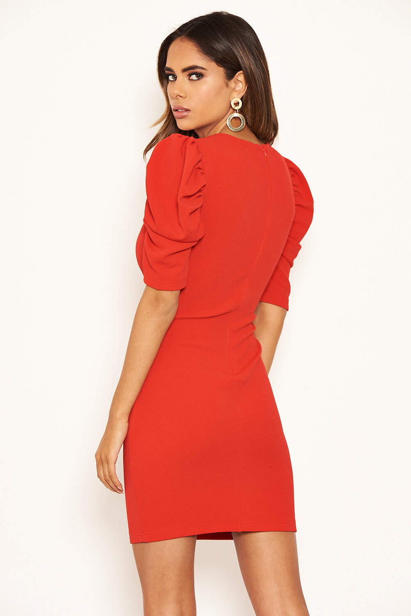 Red Ruffle Sleeve Bodycon Dress