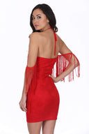 Red Tassel Detail Cold Shoulder Mini Dress