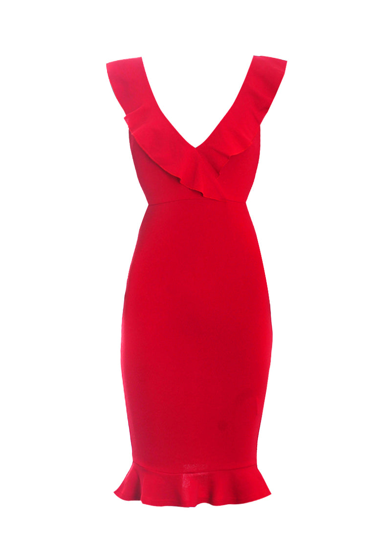 Red V Neck Frill Detail Bodycon Dress