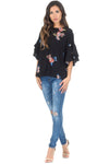 Black Floral Frill Sleeved Top